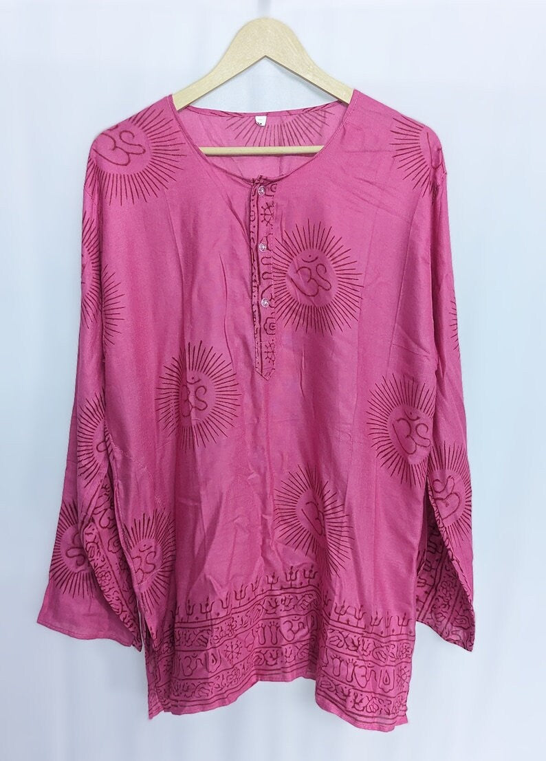 Handmade Om Shirt, Indian Block Print, Boho Festival Tunic, L- size