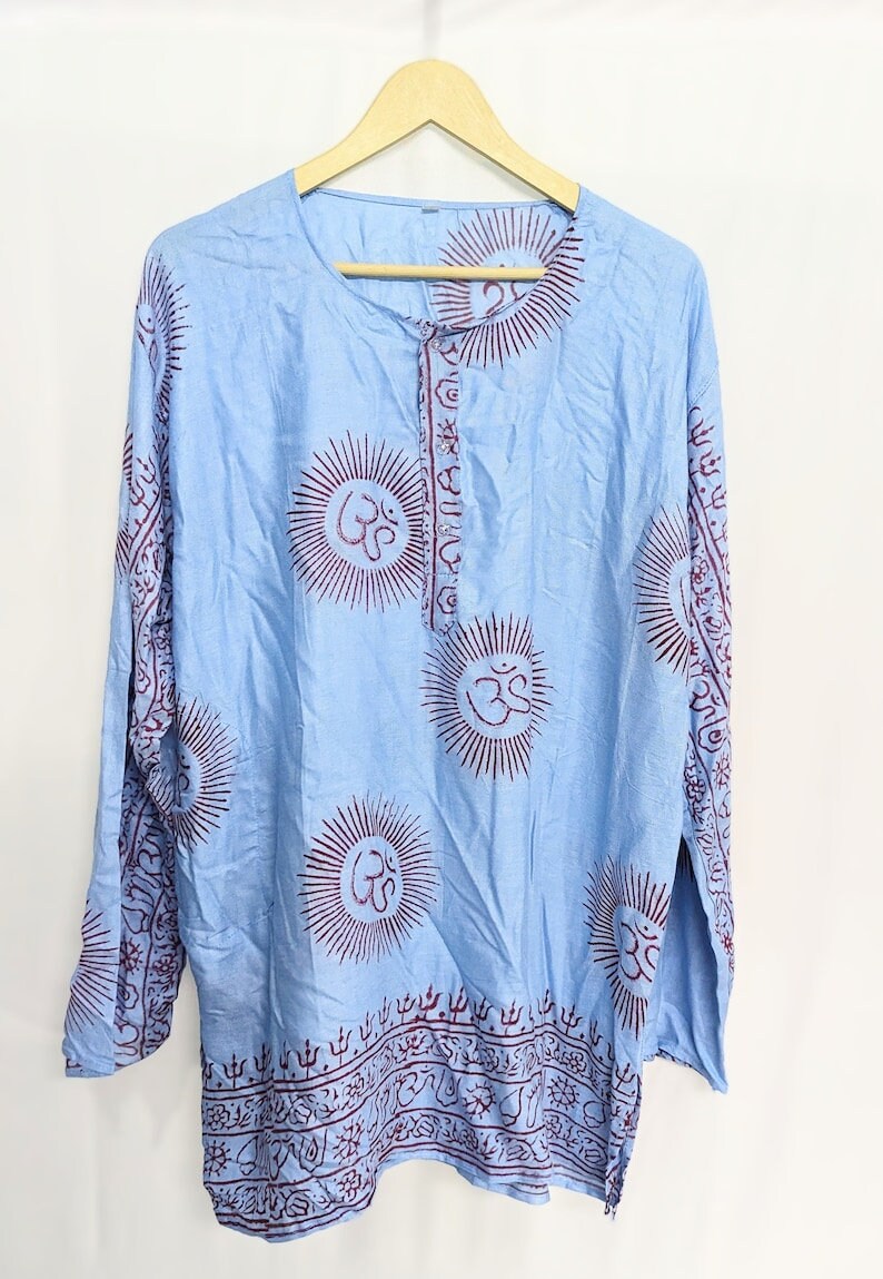 Handmade Om Shirt, Indian Block Print, Boho Festival Tunic, L- size