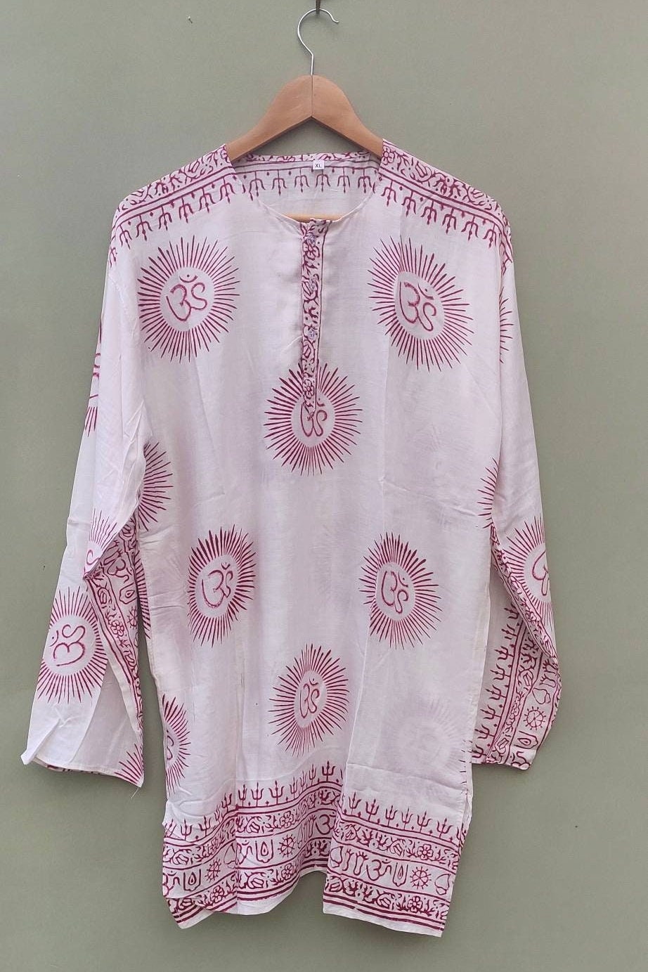 Handmade Rayon Om Shirt, Boho Festival Tunic, Block Printed (X-Large)