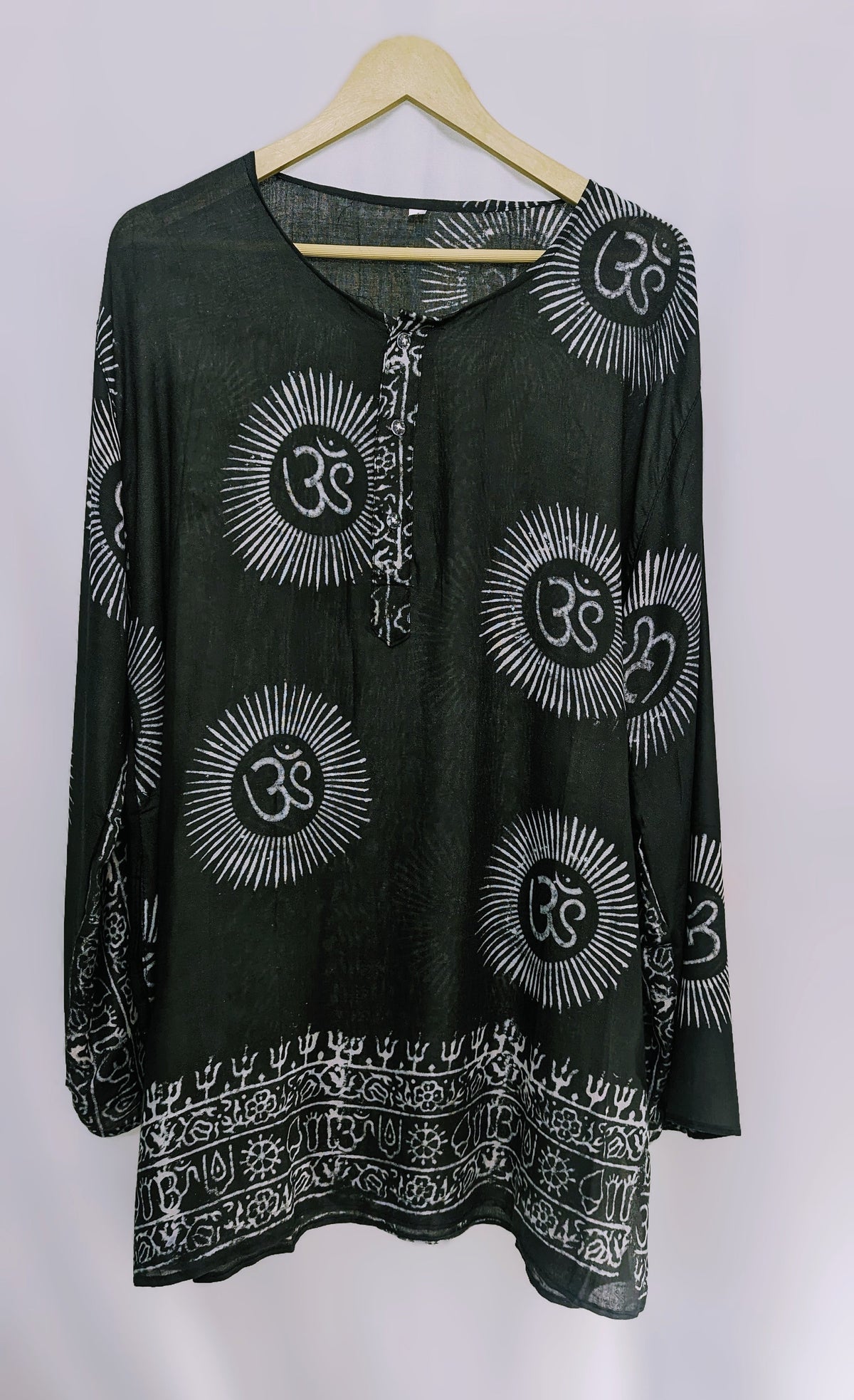 Handmade Rayon Om Shirt, Boho Festival Tunic, Block Printed (X-Large)