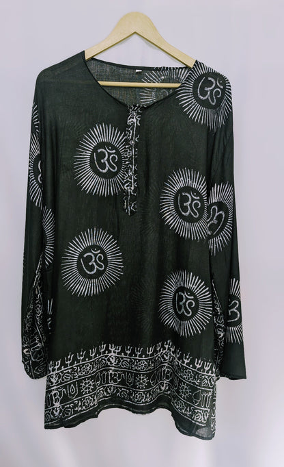 Handmade Rayon Om Shirt, Boho Festival Tunic, Block Printed (X-Large)