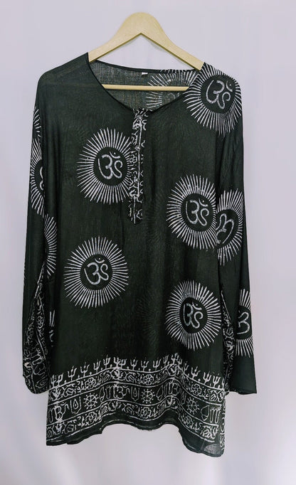 Handmade Om Shirt, Indian Block Print, Boho Festival Tunic, L- size